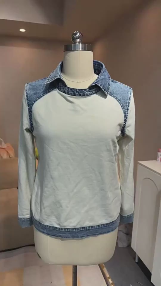 Denim Collar Long Sleeve Patchwork Knit Pullover Top – 16 Colours, S–XXXL-1