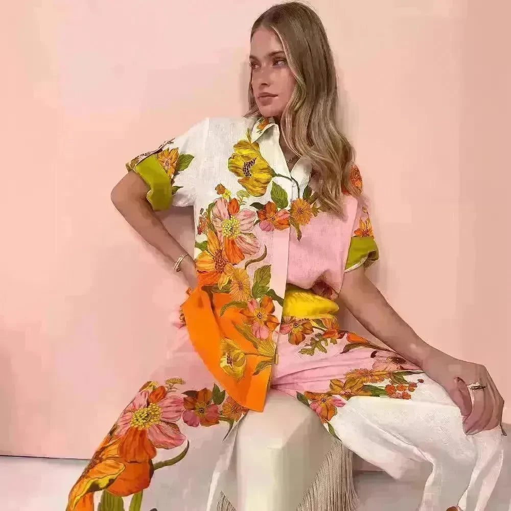 Printed Cotton And Linen Two-piece Suit Outfit Top Wide-leg Pants - EX-STOCK CANADA