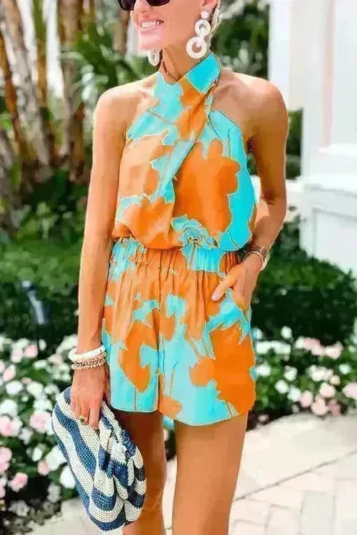 Printed Lace Up Backless Top Pocket Shorts Two-piece Suit For Women - EX-STOCK CANADA