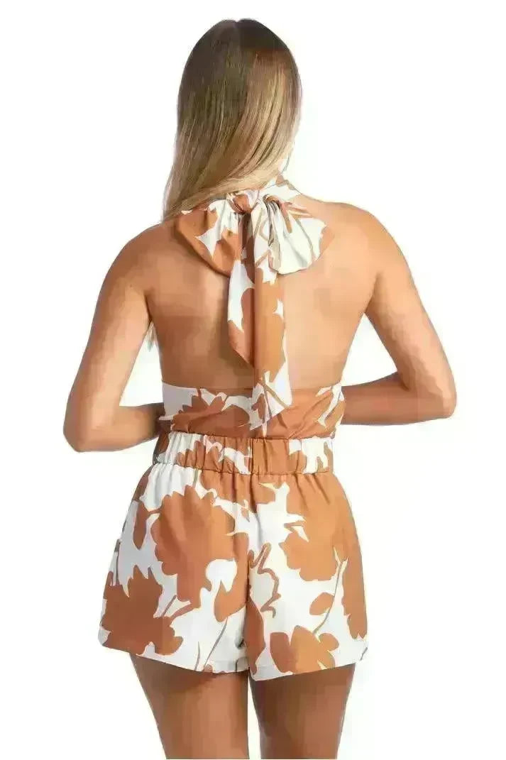 Printed Lace Up Backless Top Pocket Shorts Two-piece Suit For Women - EX-STOCK CANADA