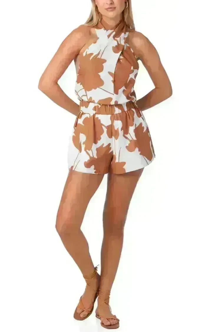 Printed Lace Up Backless Top Pocket Shorts Two-piece Suit For Women - EX-STOCK CANADA