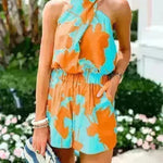 Printed Lace Up Backless Top Pocket Shorts Two-piece Suit For Women - EX-STOCK CANADA