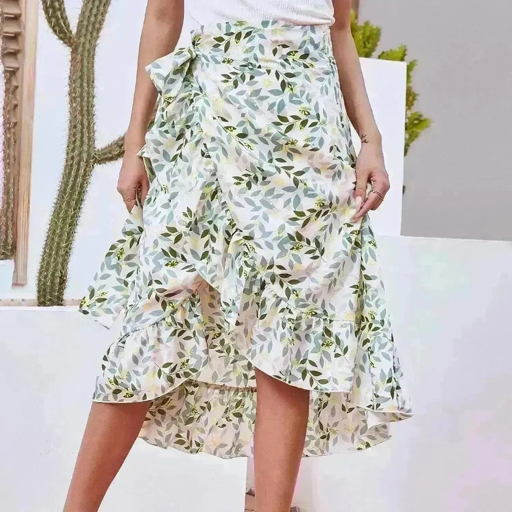 Printed Lace Up Split Expansion Midi Floral Skirt With Lining - EX-STOCK CANADA