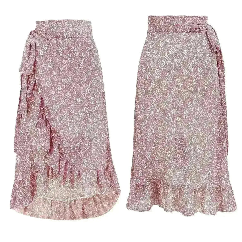 Printed Lace Up Split Expansion Midi Floral Skirt With Lining - EX-STOCK CANADA