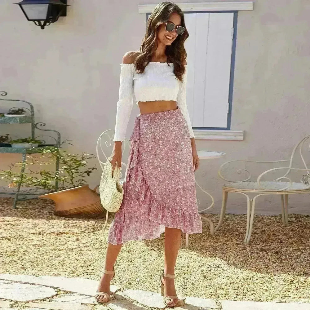 Printed Lace Up Split Expansion Midi Floral Skirt With Lining - EX-STOCK CANADA