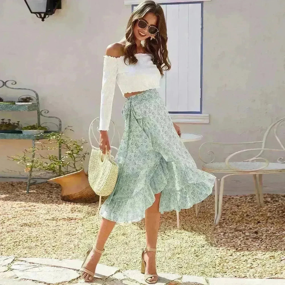 Printed Lace Up Split Expansion Midi Floral Skirt With Lining - EX-STOCK CANADA