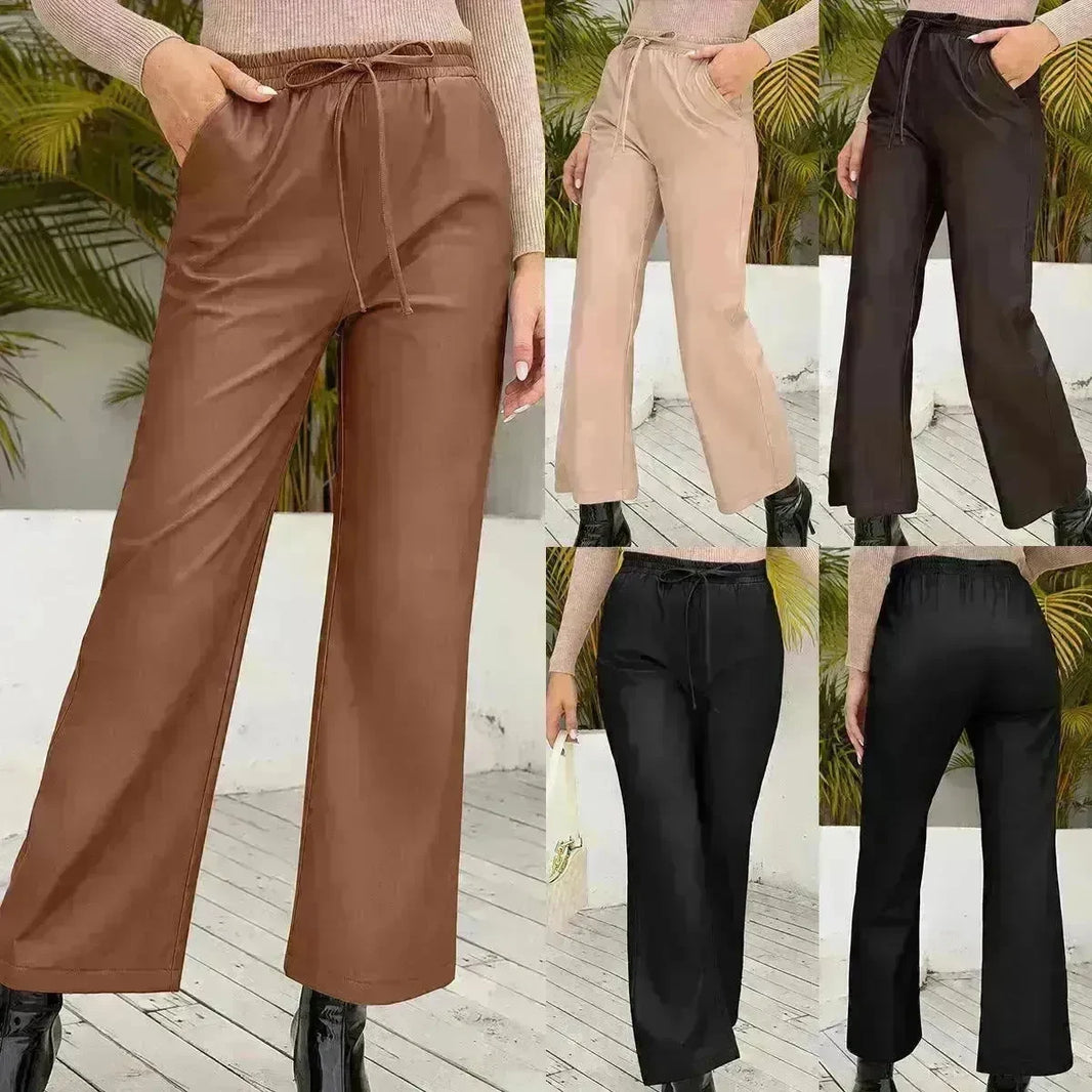 PU Loose Trousers Motorcycle Leather Straight Wide Leg Leather Pants Women - EX-STOCK CANADA