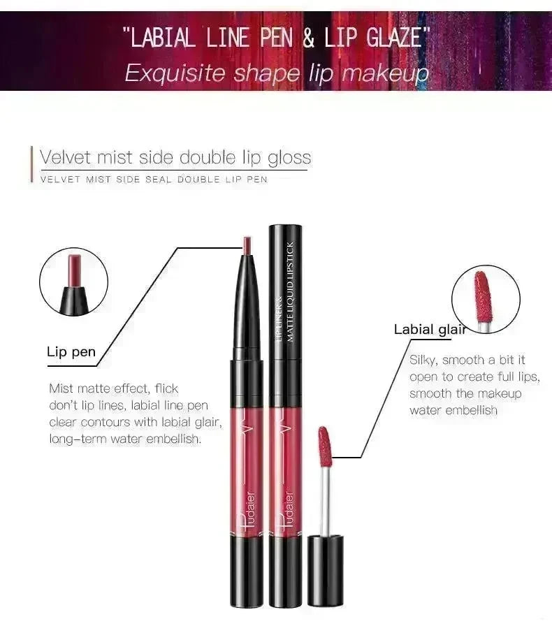 Pudaier Matte Lip Gloss Lip Liner 2 in1 Maquiagem Profissional Completa Agate Red Lip Tint Plumper Tattoo Makeup liquid Lipstick - EX-STOCK CANADA