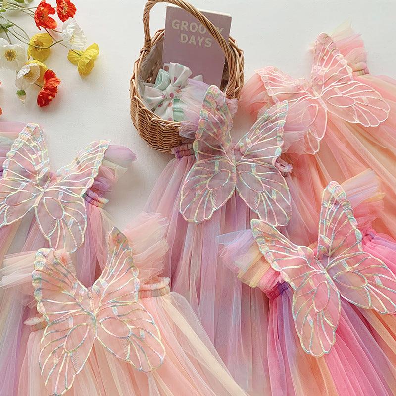 Rainbow Butterfly Wings Mesh Girl Dress - EX-STOCK CANADA