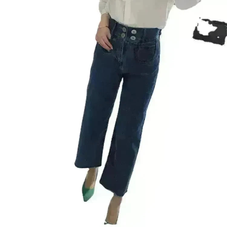 Retro High Waist Wash Double Breasted Pocket Loose Slimming And Wide Leg Denim Trousers For Women - EX-STOCK CANADA