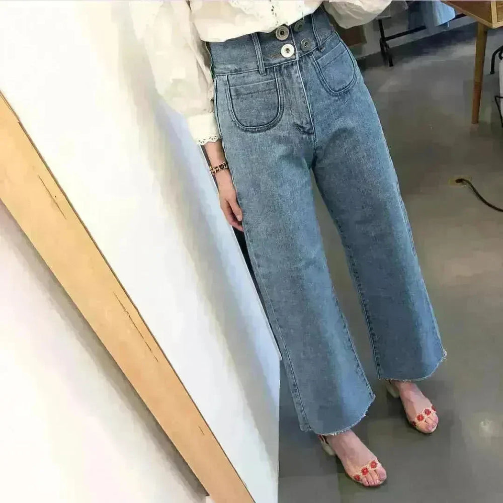 Retro High Waist Wash Double Breasted Pocket Loose Slimming And Wide Leg Denim Trousers For Women - EX-STOCK CANADA