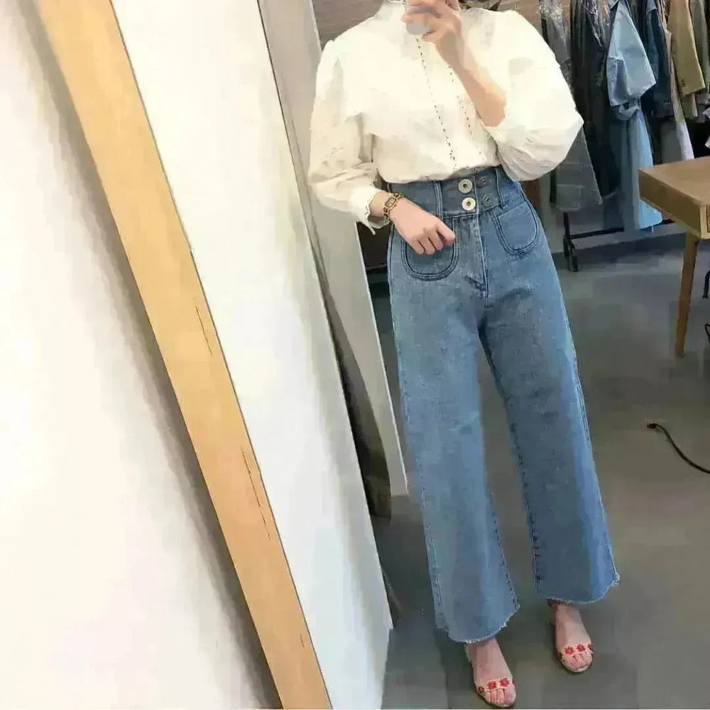 Retro High Waist Wash Double Breasted Pocket Loose Slimming And Wide Leg Denim Trousers For Women - EX-STOCK CANADA