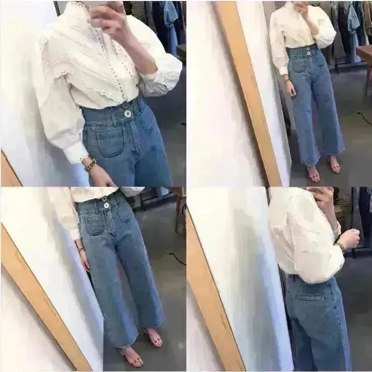 Retro High Waist Wash Double Breasted Pocket Loose Slimming And Wide Leg Denim Trousers For Women - EX-STOCK CANADA