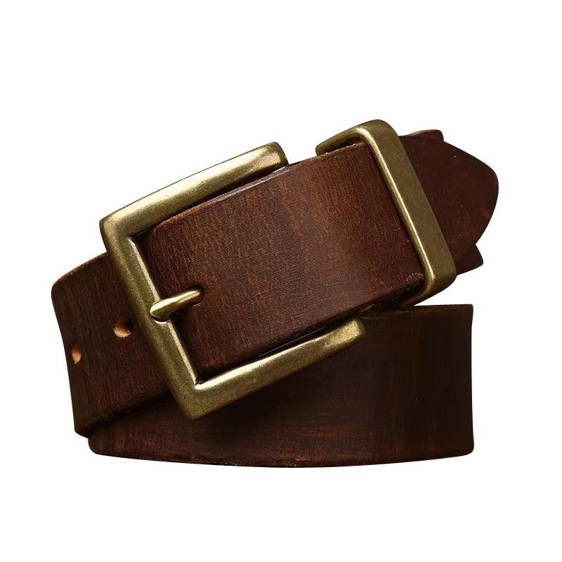 Retro Style Belt Men's Genuine Cattlehide Leather Surface Brass Buckle Denim Overalls Belt - EX-STOCK CANADA
