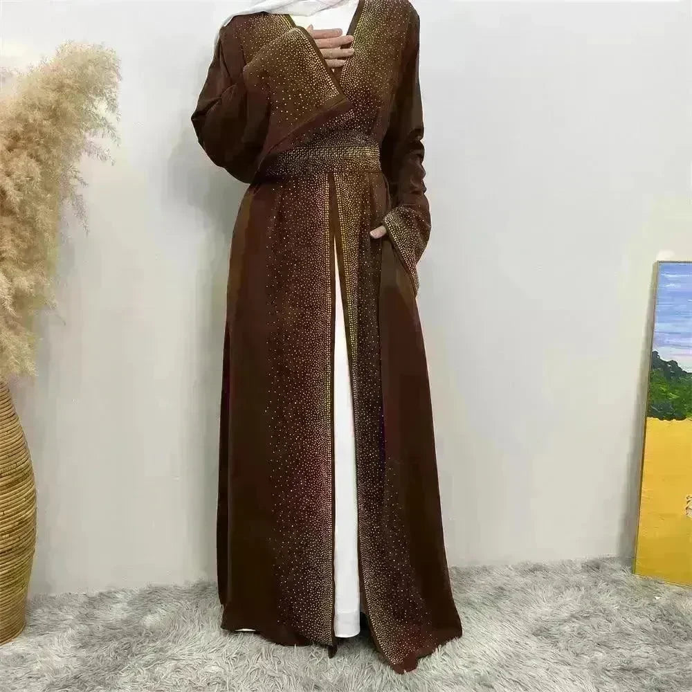 Rhinestone Lace-up Cardigan Abaya Dress for Arab Dubai Turkey Middle East Women - EX-STOCK CANADA