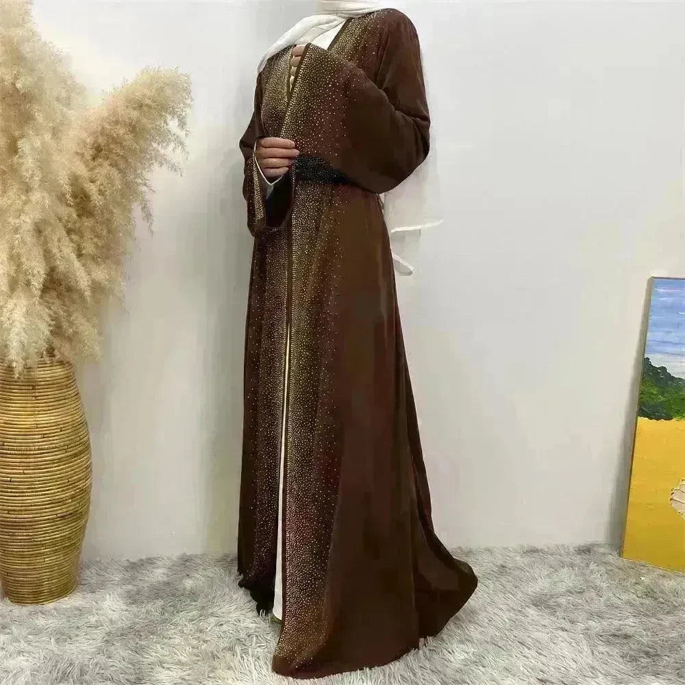 Rhinestone Lace-up Cardigan Abaya Dress for Arab Dubai Turkey Middle East Women - EX-STOCK CANADA