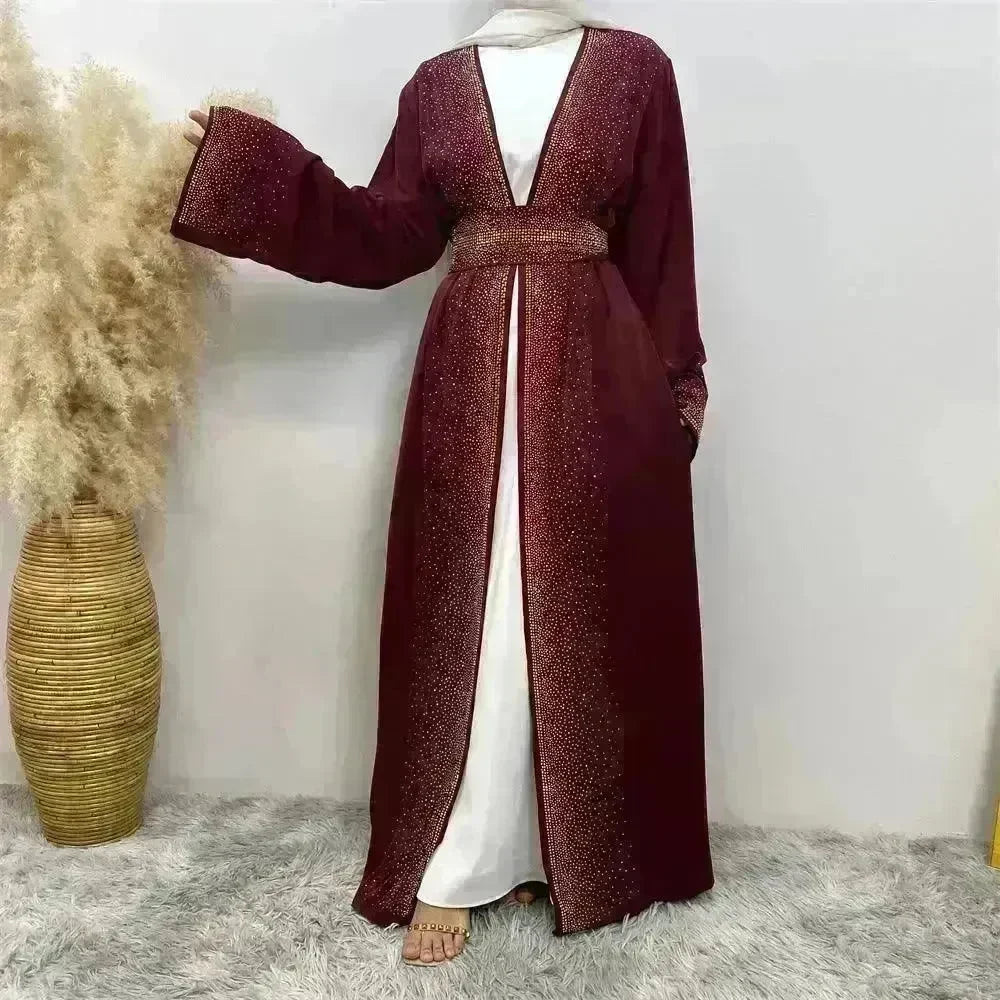 Rhinestone Lace-up Cardigan Abaya Dress for Arab Dubai Turkey Middle East Women - EX-STOCK CANADA