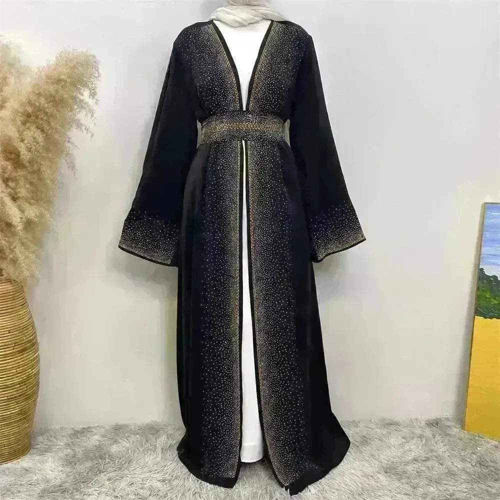 Rhinestone Lace-up Cardigan Abaya Dress for Arab Dubai Turkey Middle East Women - EX-STOCK CANADA