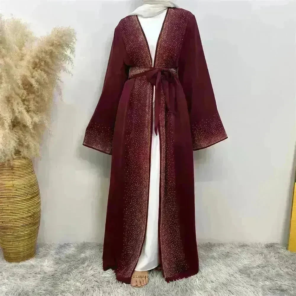 Rhinestone Lace-up Cardigan Abaya Dress for Arab Dubai Turkey Middle East Women - EX-STOCK CANADA