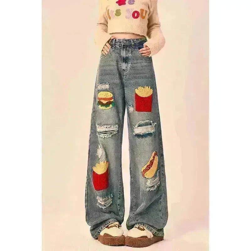 Ripped Jeans Women Loose Straight Wide Leg Oversized Trousers - EX-STOCK CANADA