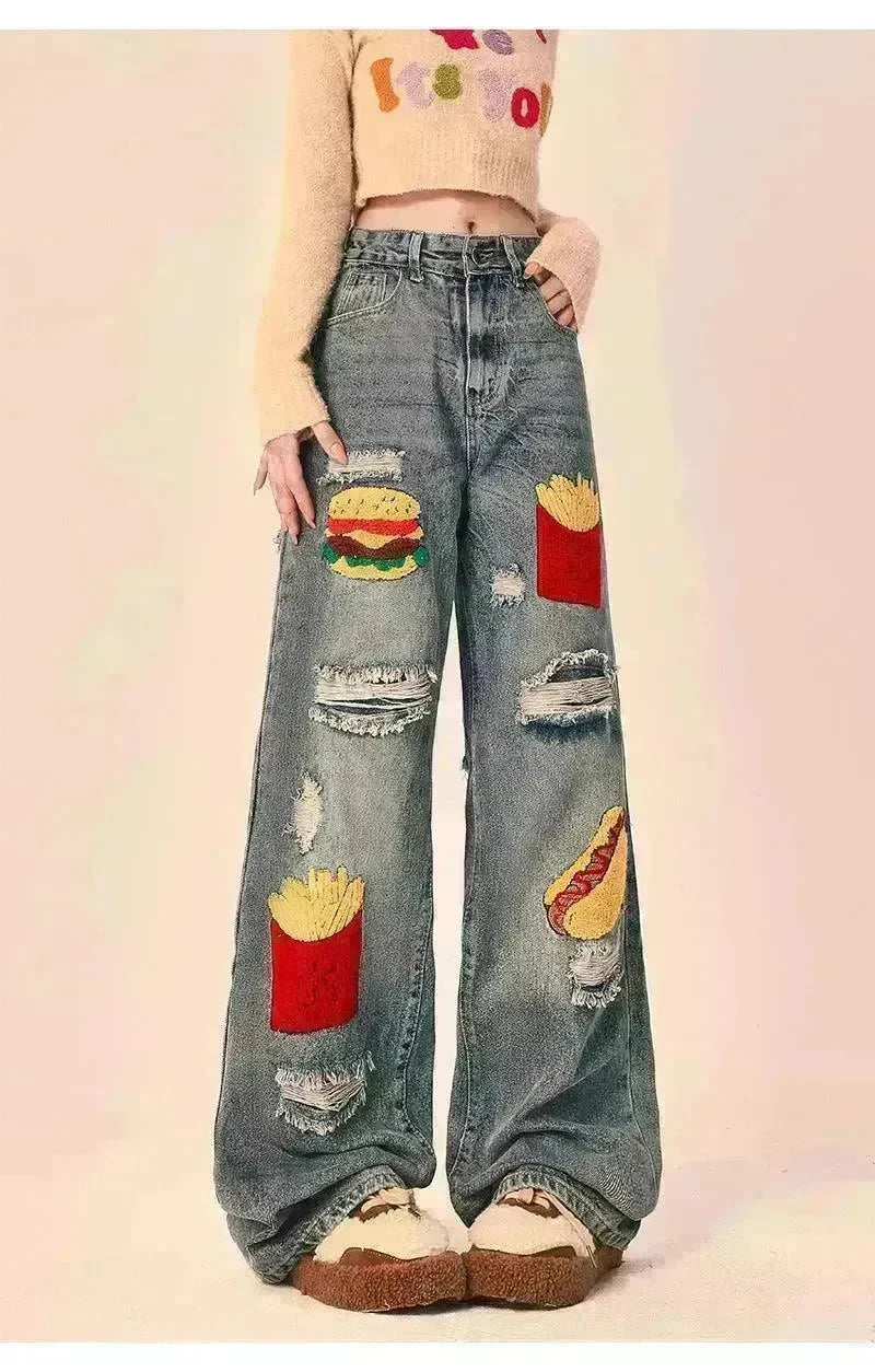 Ripped Jeans Women Loose Straight Wide Leg Oversized Trousers - EX-STOCK CANADA