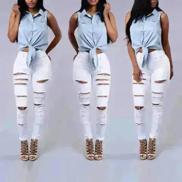 Ripped Jeans Women Skinny Trousers Casual High Waist Pencil Pants - EX-STOCK CANADA
