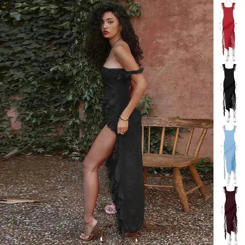 Ruffle Thigh High Split Dress Women Charming Spaghetti Strap Square