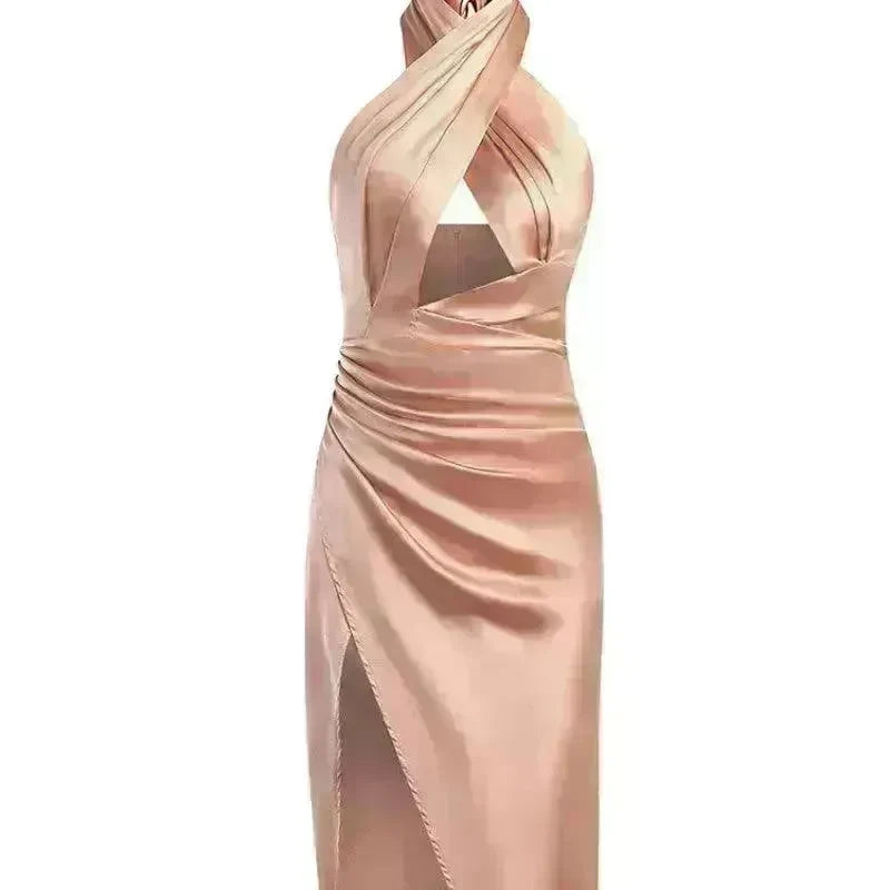 Satin Halter Cross Backless Split Dress - EX-STOCK CANADA