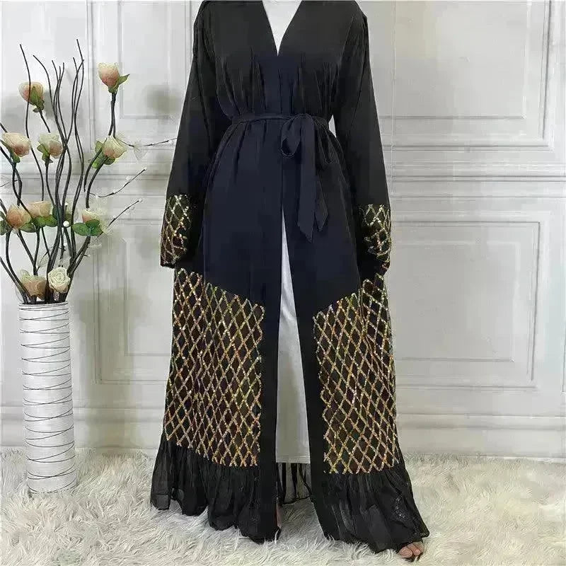 Sequined Embroidered Outerwear Robe Turkey Arab Dubai Middle East Women's Chiffon Cardigan Abaya Dress - EX-STOCK CANADA