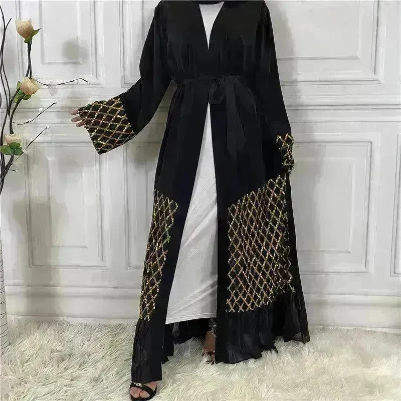 Sequined Embroidered Outerwear Robe Turkey Arab Dubai Middle East Women's Chiffon Cardigan Abaya Dress - EX-STOCK CANADA