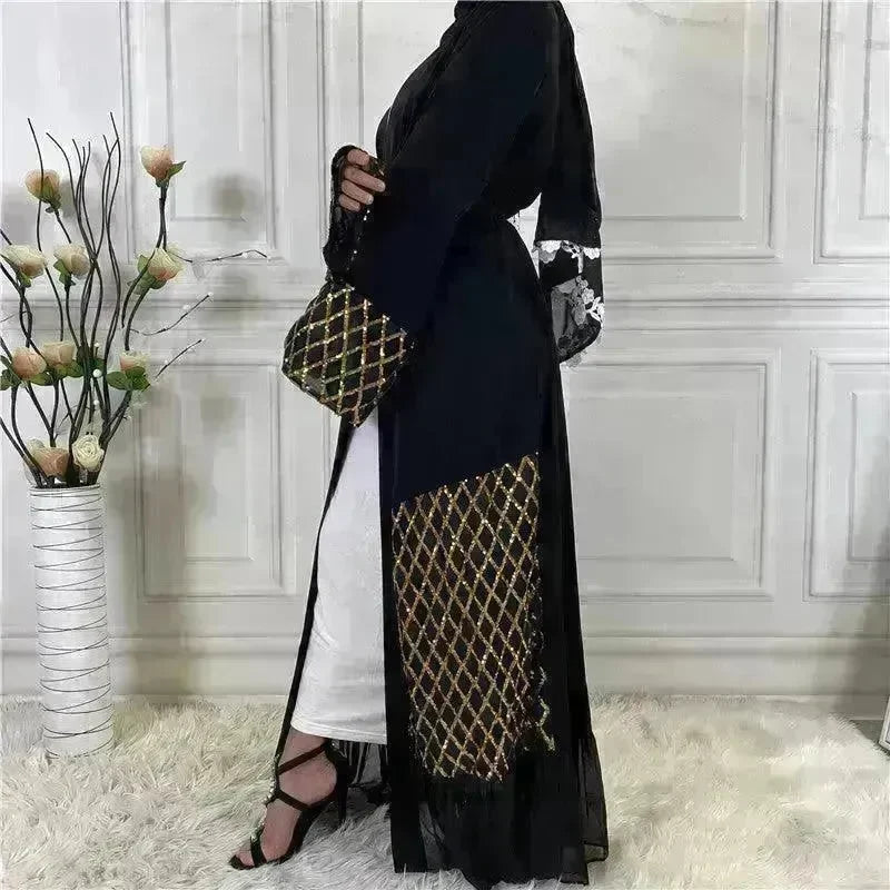 Sequined Embroidered Outerwear Robe Turkey Arab Dubai Middle East Women's Chiffon Cardigan Abaya Dress - EX-STOCK CANADA