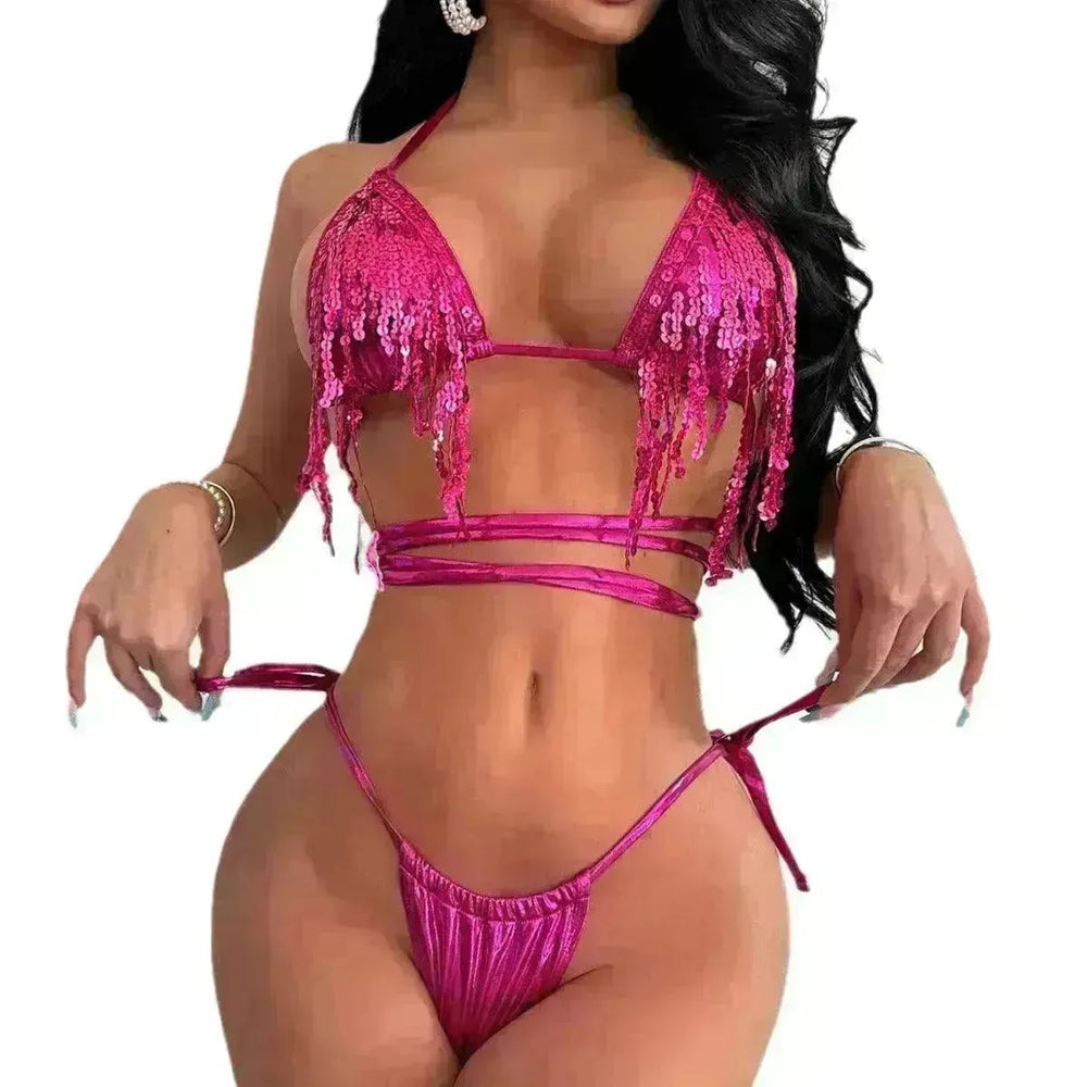 Sexy Fashion Swimsuit Female Red Paillette Tassel Bikini - EX-STOCK CANADA