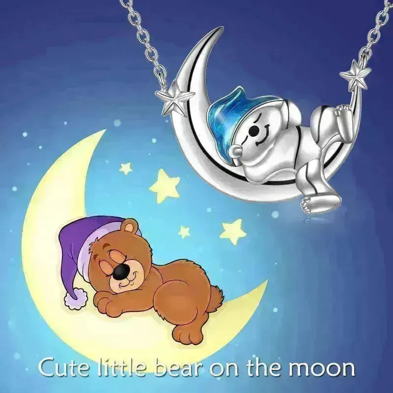 Silver Bear Moon Pendant - Cute Animal Jewelry - EX-STOCK CANADA