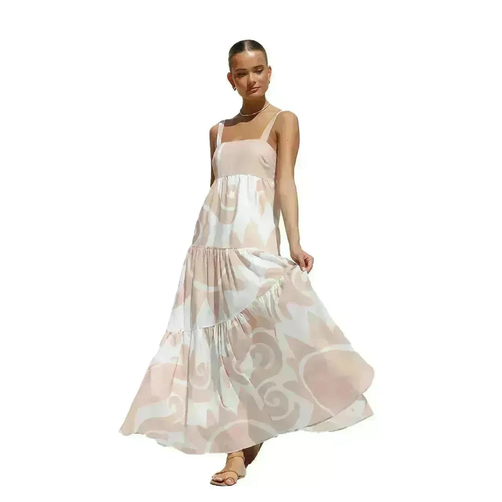 Simple Printing Fashion Suspenders Large Swing Dress - EX-STOCK CANADA