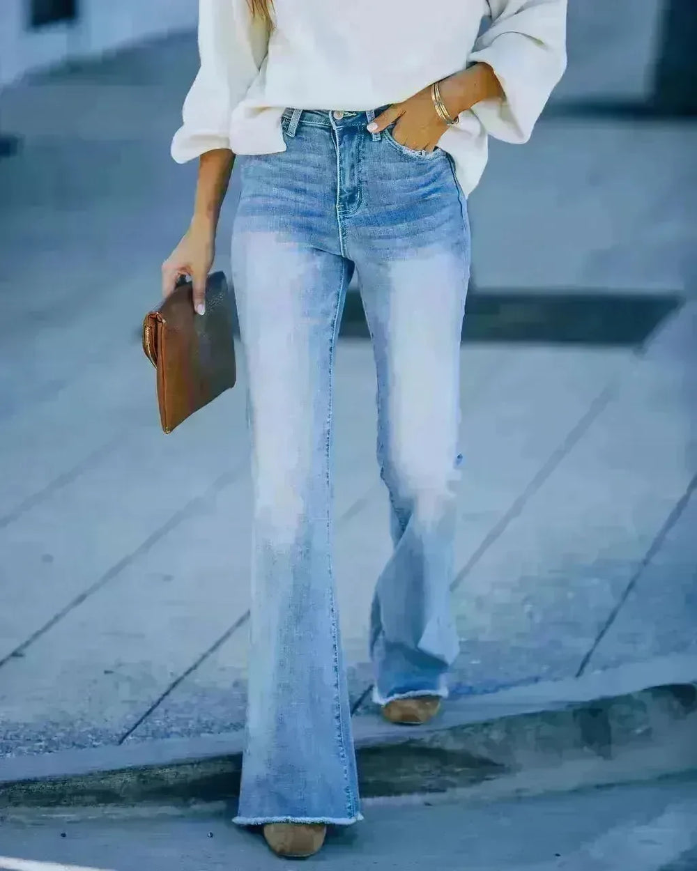 Simple Slim-fit Washed Denim Trousers With Pockets For Women - EX-STOCK CANADA