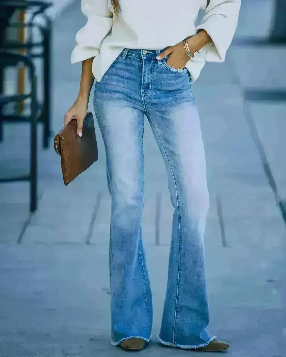 Simple Slim-fit Washed Denim Trousers With Pockets For Women - EX-STOCK CANADA