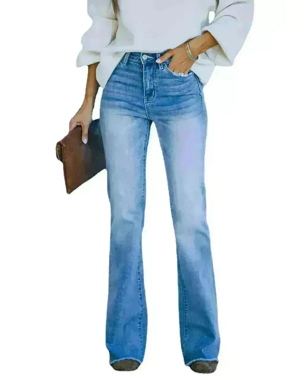 Simple Slim-fit Washed Denim Trousers With Pockets For Women - EX-STOCK CANADA