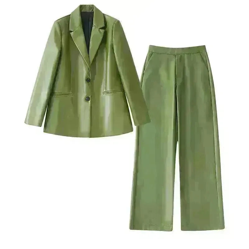Single Breasted Casual Imitation Leather Suit Jacket Trousers Suit Women - EX-STOCK CANADA