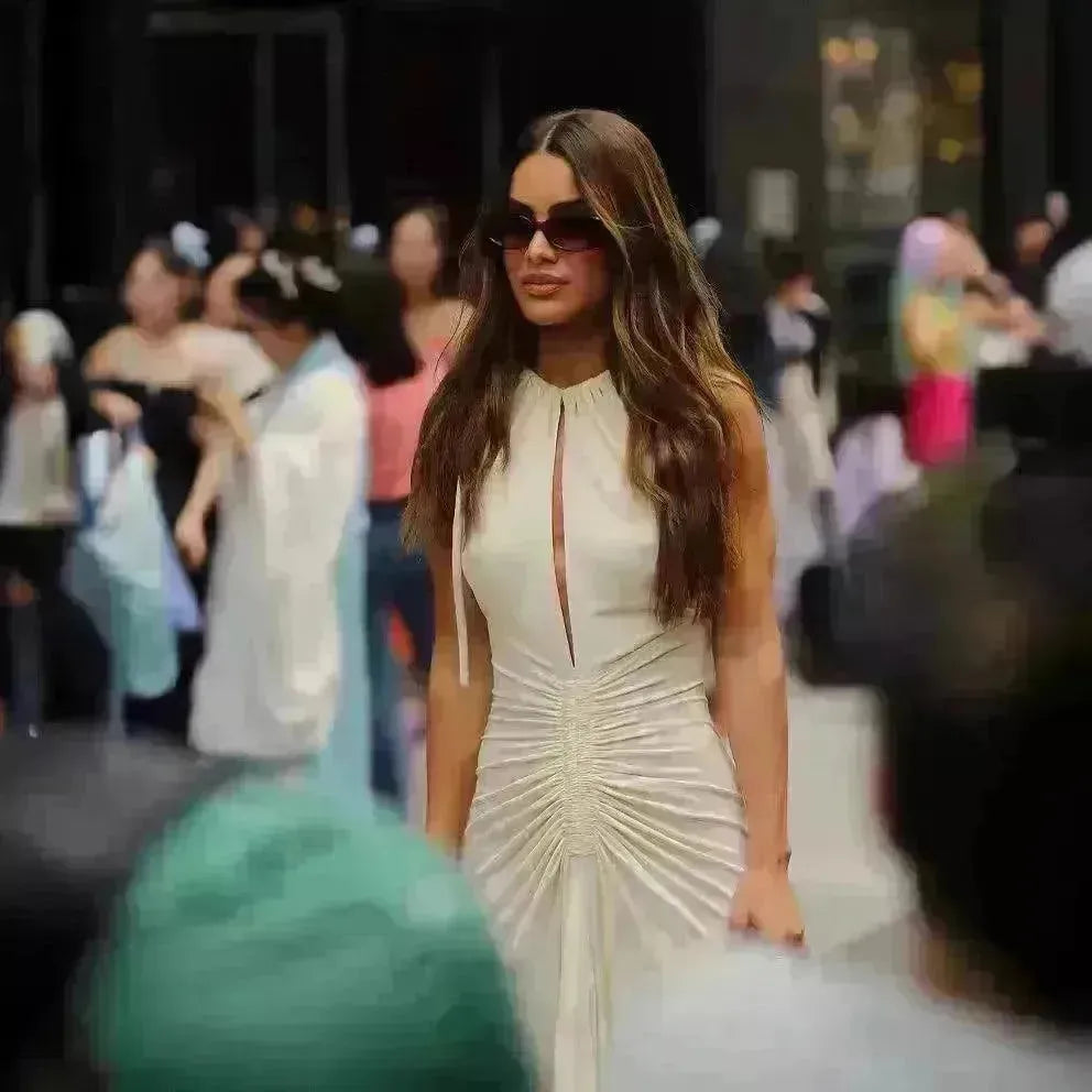 Sleeveless Round Neck Lace-up Pleated Swing Long Summer Dress - EX-STOCK CANADA