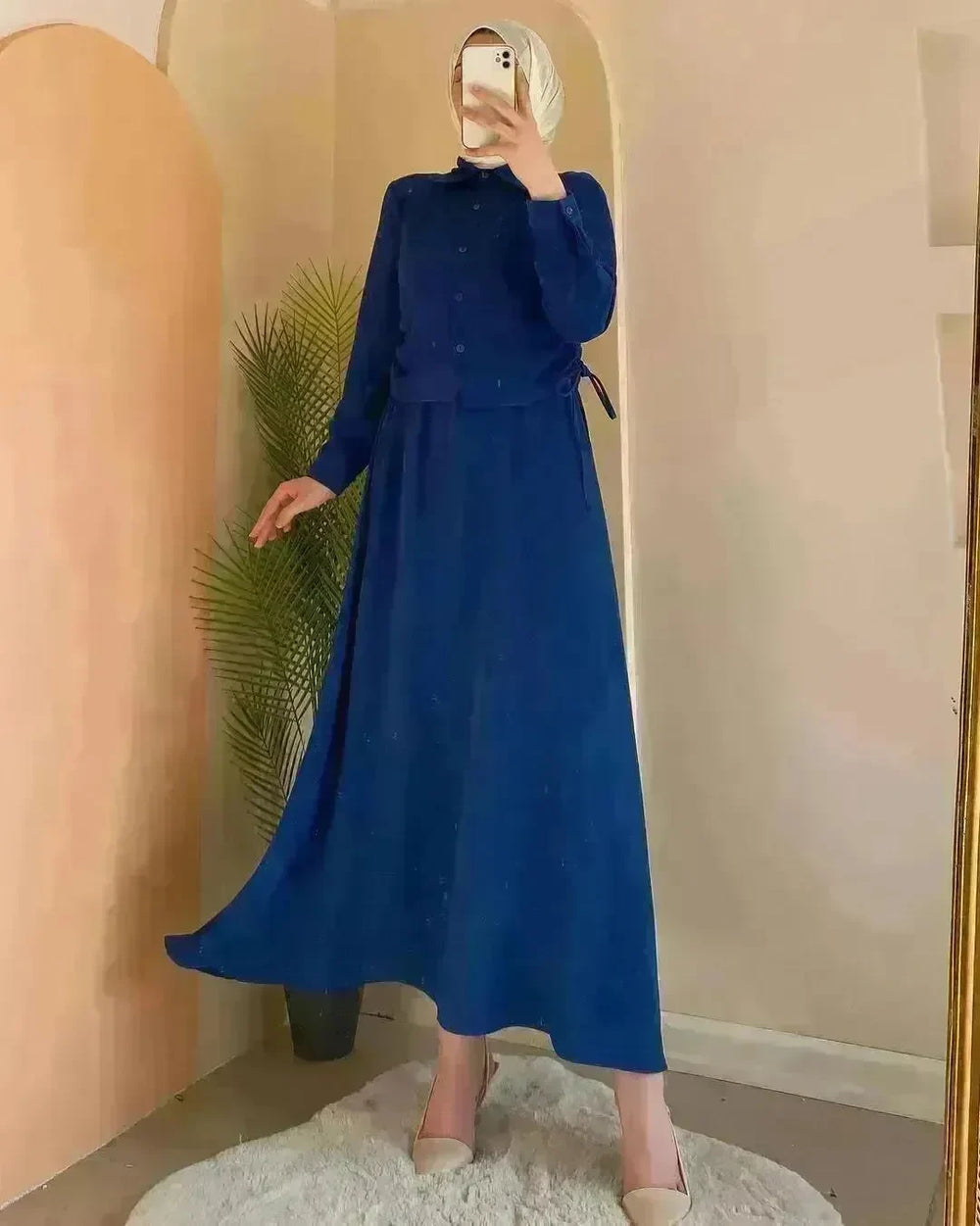 Solid Color Long Sleeve Skirt Suit for Elegant Arab Dubai Turkey Middle Eastern Women Abaya Dress - EX-STOCK CANADA