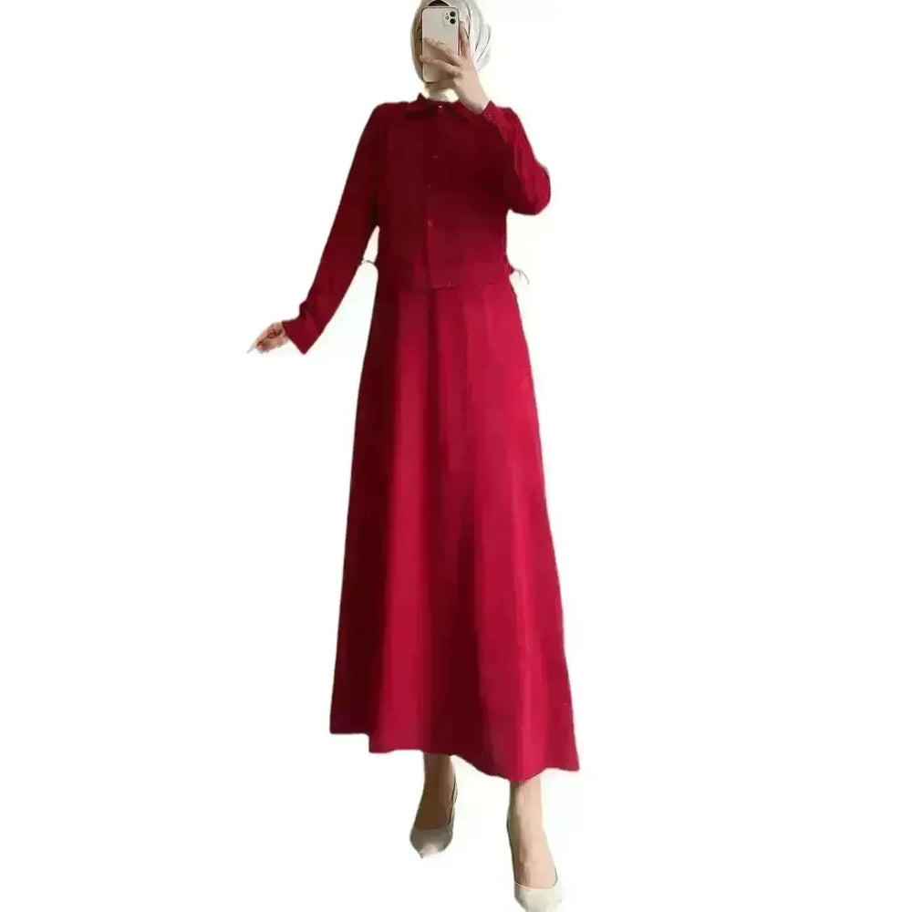 Solid Color Long Sleeve Skirt Suit for Elegant Arab Dubai Turkey Middle Eastern Women Abaya Dress - EX-STOCK CANADA