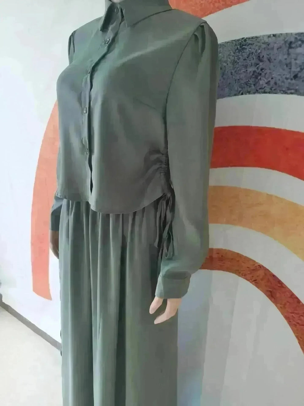 Solid Color Long Sleeve Skirt Suit for Elegant Arab Dubai Turkey Middle Eastern Women Abaya Dress - EX-STOCK CANADA