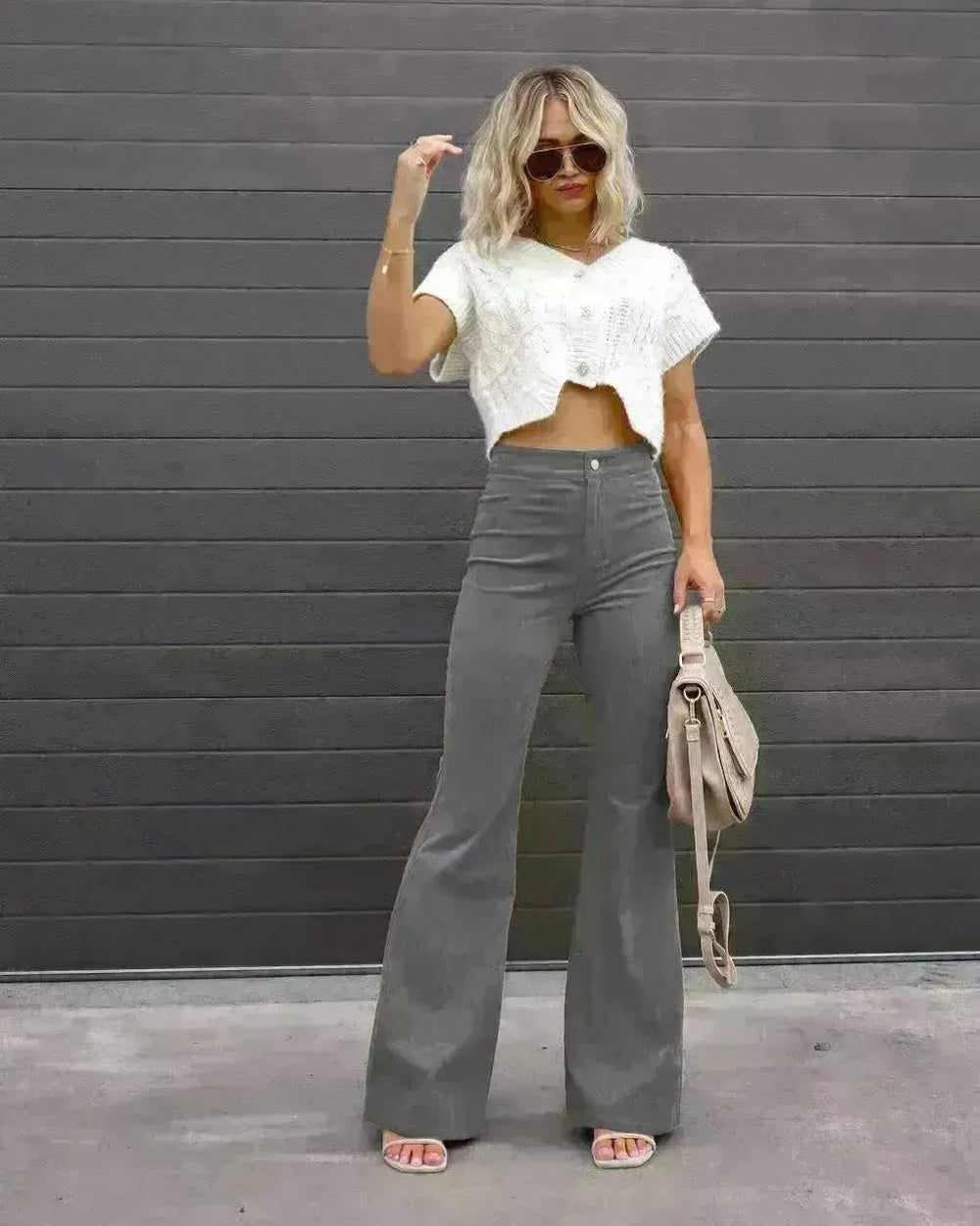 Solid Color Mid-waist Slim-fit Micro Flared Pants Corduroy - EX-STOCK CANADA