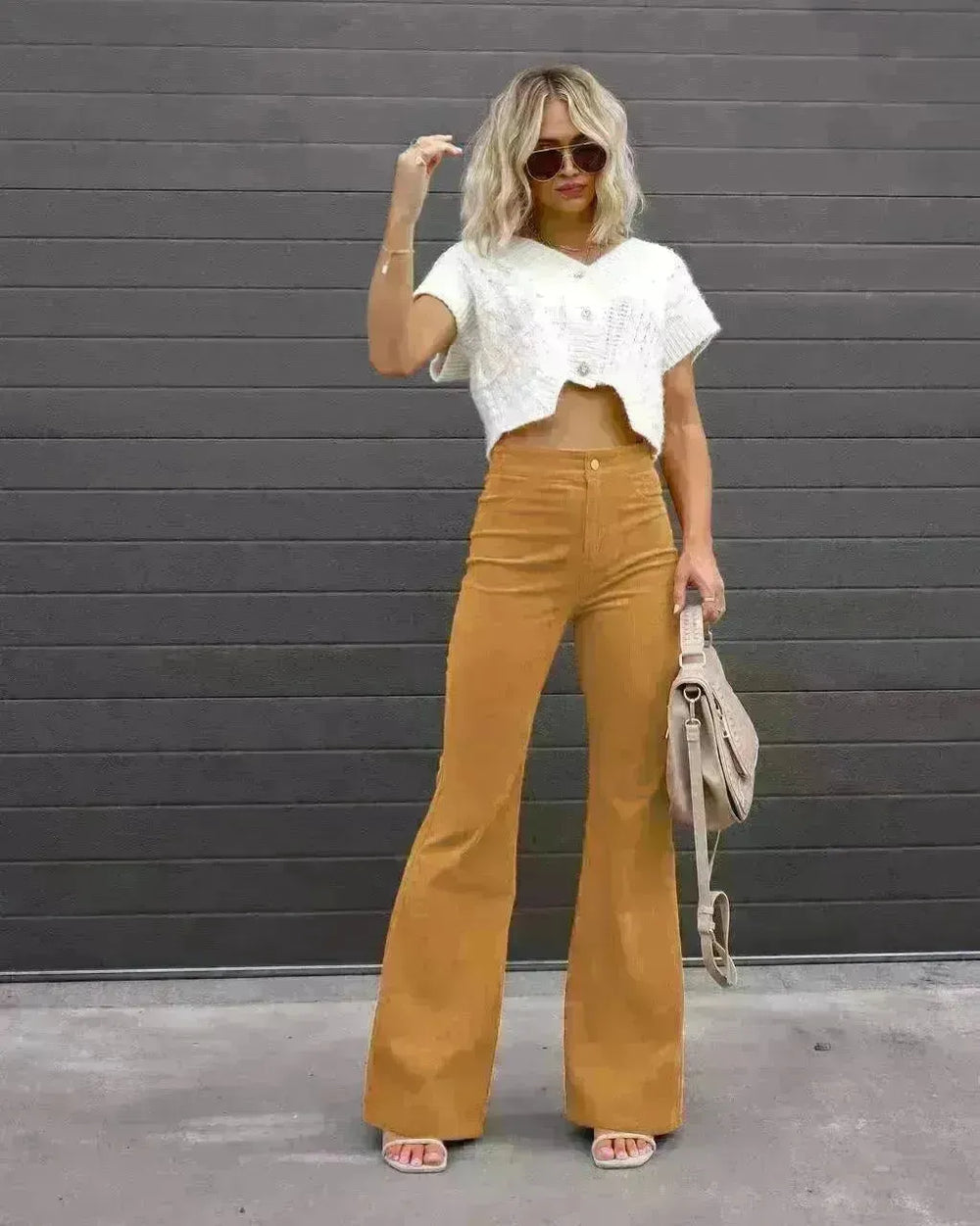 Solid Color Mid-waist Slim-fit Micro Flared Pants Corduroy - EX-STOCK CANADA