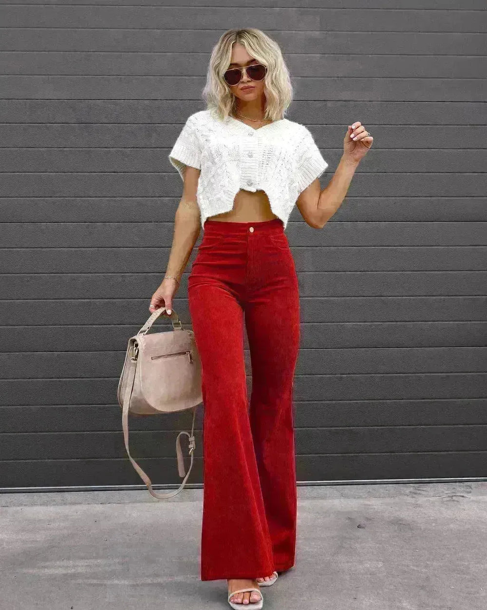 Solid Color Mid-waist Slim-fit Micro Flared Pants Corduroy - EX-STOCK CANADA