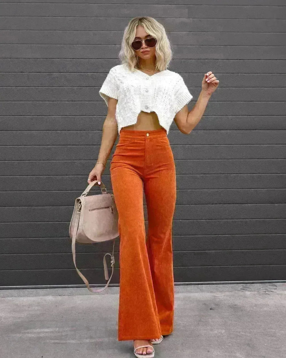 Solid Color Mid-waist Slim-fit Micro Flared Pants Corduroy - EX-STOCK CANADA