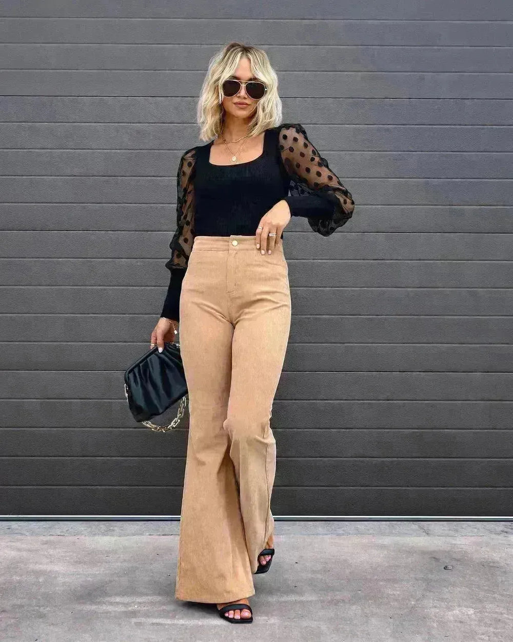 Solid Color Mid-waist Slim-fit Micro Flared Pants Corduroy - EX-STOCK CANADA