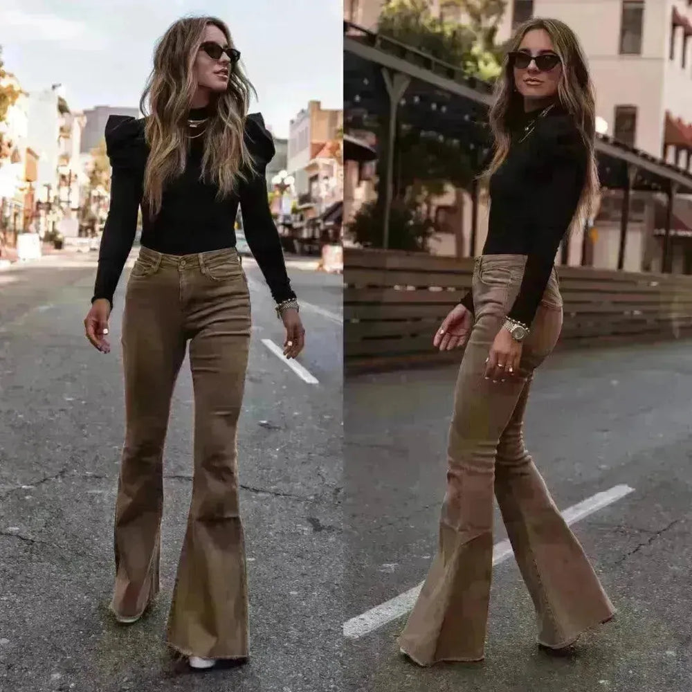 Solid Color Mid-waist Slim-fit Micro Flared Pants Corduroy - EX-STOCK CANADA