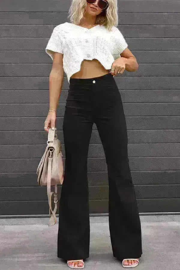 Solid Color Mid-waist Slim-fit Micro Flared Pants Corduroy - EX-STOCK CANADA