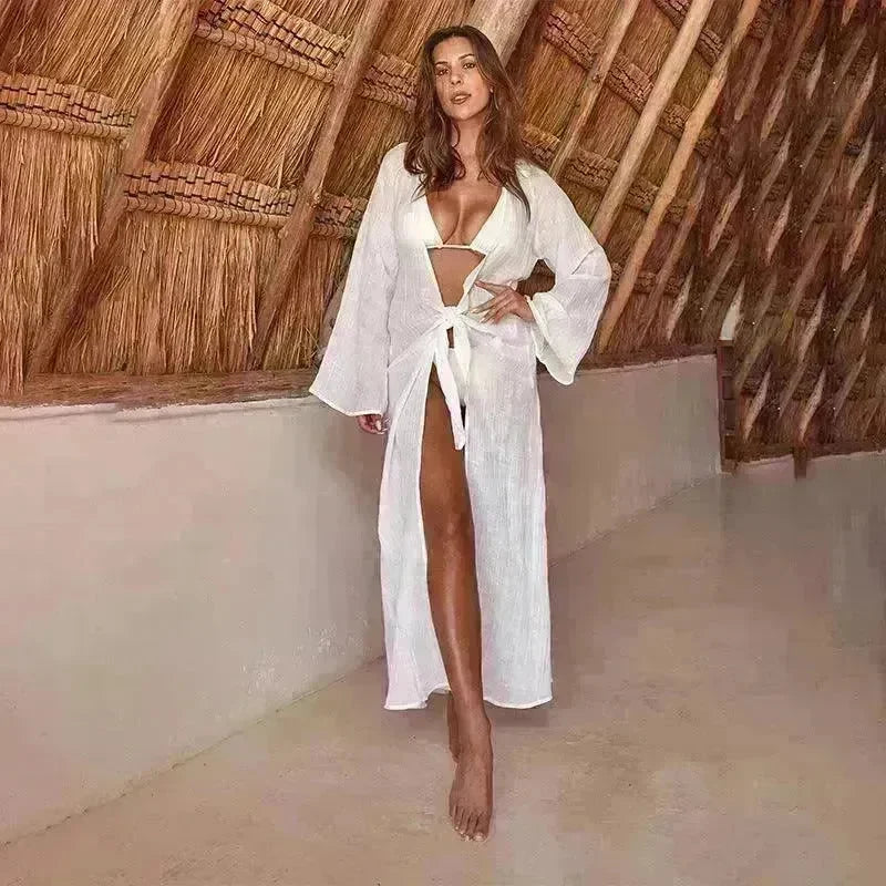 Solid Color Midriff Outfit Beach Bikini Swimsuit Blouse - EX-STOCK CANADA